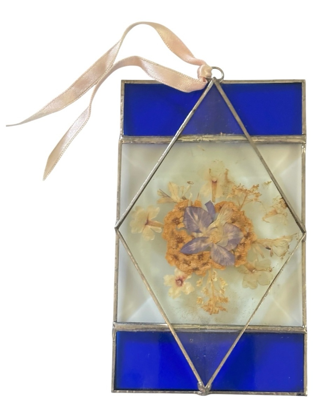 Handcrafted Blue Stained Glass Floral Suncatcher- So pretty! 3 X 5 inches